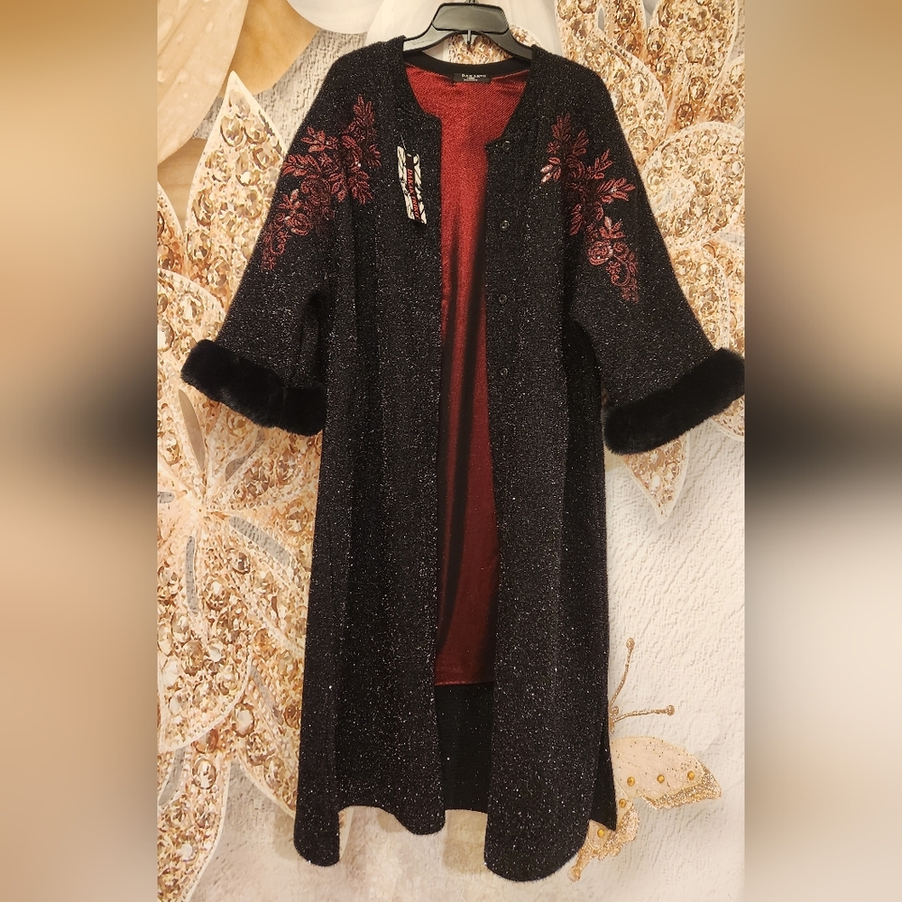Dressy Sparkly Elegant Black Embroidered Roses Women's Coat New Sz L/50